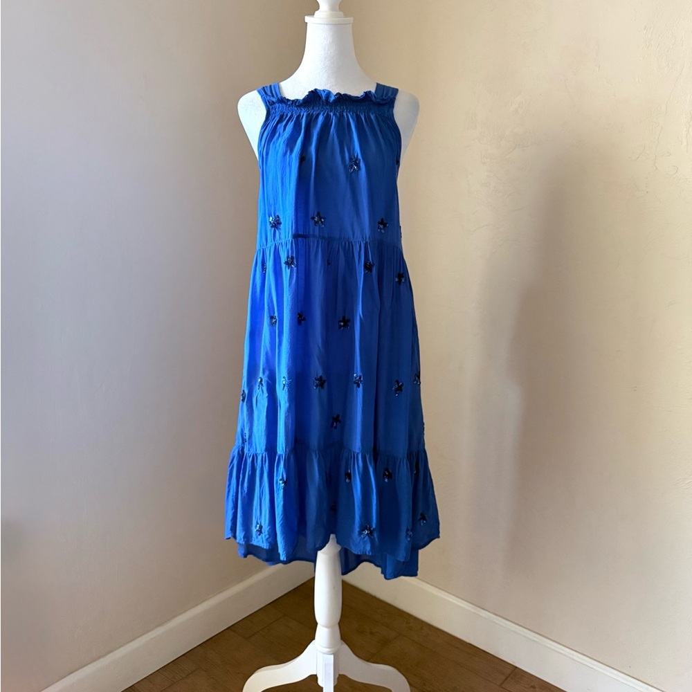 Lola Australia Tiered Blue Ruffle High Low Open Back Dress Sequin Star Detail M